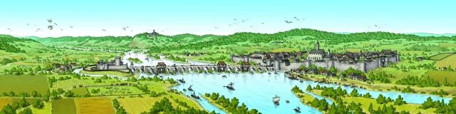 illustration du Pont De L'arche tel qu'il était au moyen âge avec la ville fortifiée