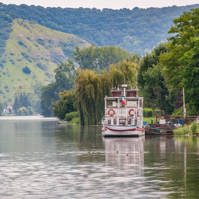 Photo du bateau Guillaume le conquérant à quai sur la seine avec canards et arbres feuillus à Poses en Normandie