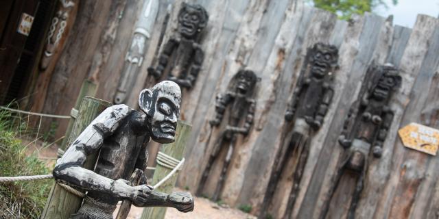 Sculpture en bois à l'entrée de Botropica